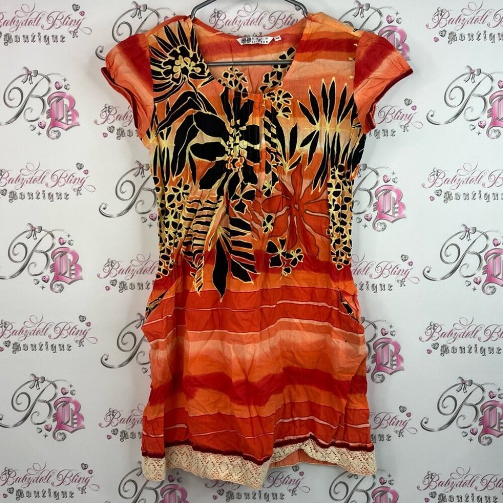 Rain & rainbow dress tshirt pockets tie dye boho Vibrant Floral Orange long Top